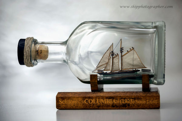 Image of Schooner Columbia (1923) A model-in-bottle made from drawings (Scale 1:640)